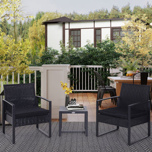 Salon de jardin 2 places 3 pièces 2 chaises avec coussins + table basse plateau verre trempé résine tressée 4 fils imitation rotin noir