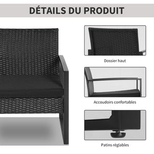 Salon de jardin 2 places 3 pièces 2 chaises avec coussins + table basse plateau verre trempé résine tressée 4 fils imitation rotin noir