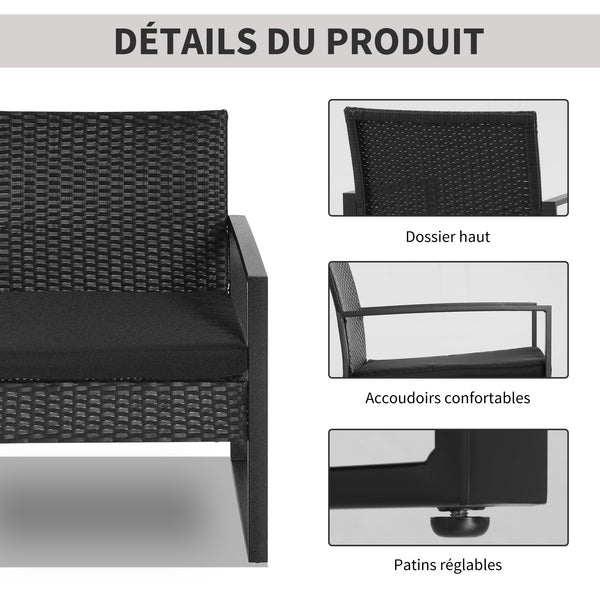 Salon de jardin 2 places 3 pièces 2 chaises avec coussins + table basse plateau verre trempé résine tressée 4 fils imitation rotin noir
