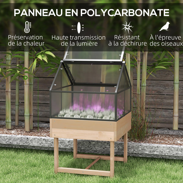 Mini Serre sur Pieds - jardinière surélevée - dim.  60L x 57l x 103H cm - double toit ouvrable Panneaux de Polycarbonate, acier, Bois Sapin traité