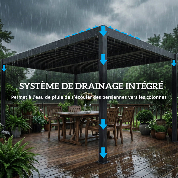 Pergola bioclimatique 4x3m, pergola aluminium, lames orientables, manivelle, système de drainage, tonnelle de jardin abri terrasse, résistante vent, protection soleil, imperméable, gris foncé