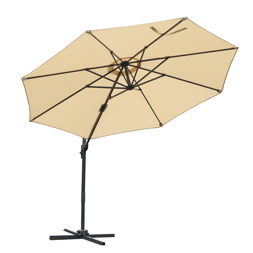 Parasol déporté octogonal inclinable parasol rotatif 360° avec pied en croix 8 beleines manivelle inclus châssis alu. acier Ø 3 x 2,5H m beige