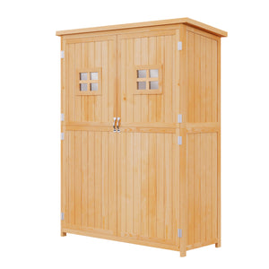 Abri de Jardin en bois Armoire de Jardin dim. 127,5L x 50l x 164H cm 2 étagères 2 Portes 2 fenêtres Toit bitumé étanche Bois Massif Sapin pré-huilé bois naturel