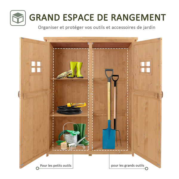 Abri de Jardin en bois Armoire de Jardin dim. 127,5L x 50l x 164H cm 2 étagères 2 Portes 2 fenêtres Toit bitumé étanche Bois Massif Sapin pré-huilé bois naturel