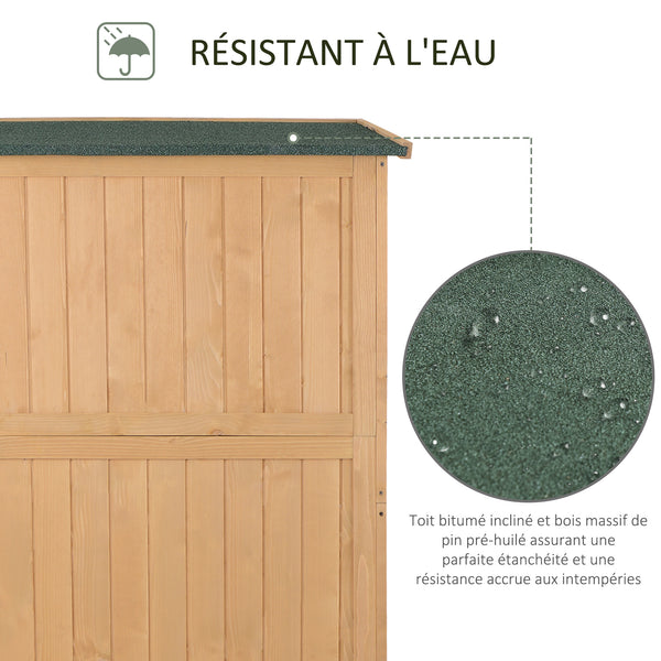 Abri de Jardin en bois Armoire de Jardin dim. 127,5L x 50l x 164H cm 2 étagères 2 Portes 2 fenêtres Toit bitumé étanche Bois Massif Sapin pré-huilé bois naturel