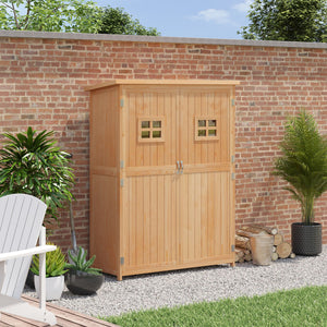 Abri de Jardin en bois Armoire de Jardin dim. 127,5L x 50l x 164H cm 2 étagères 2 Portes 2 fenêtres Toit bitumé étanche Bois Massif Sapin pré-huilé bois naturel