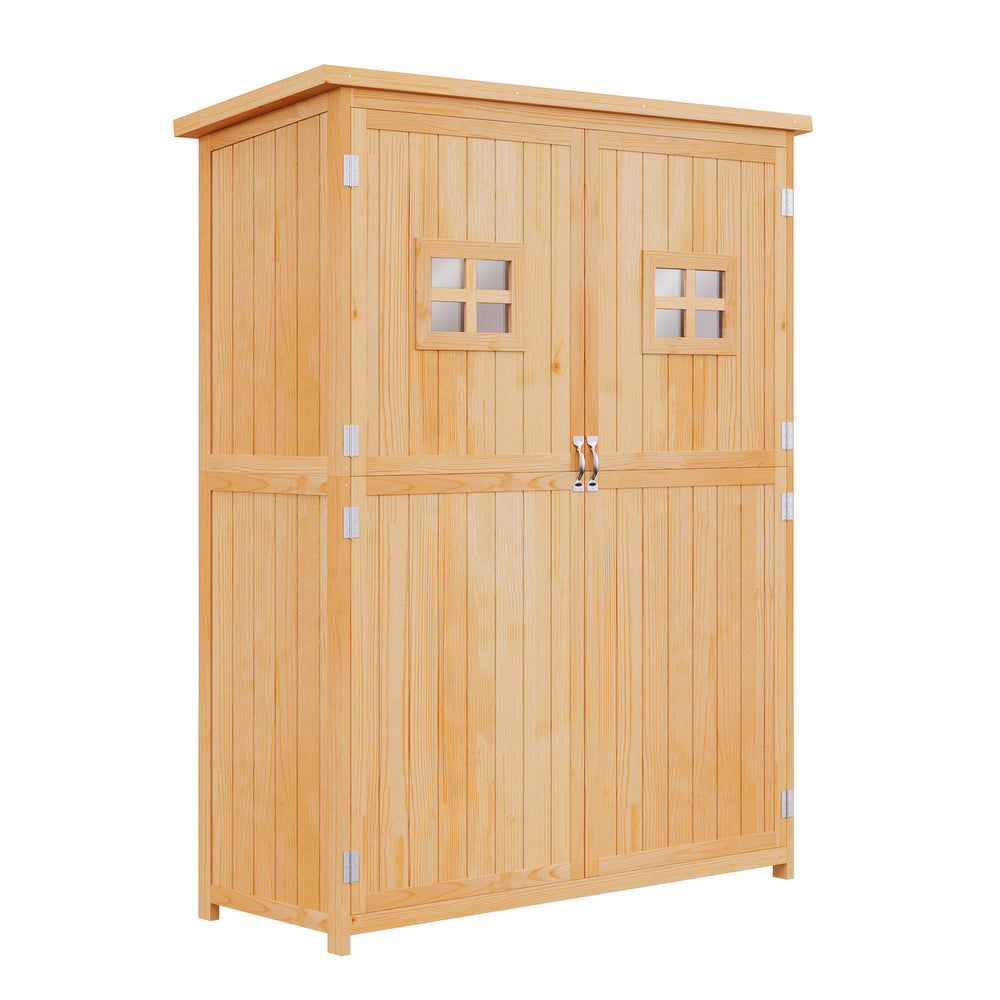 Abri de Jardin en bois Armoire de Jardin dim. 127,5L x 50l x 164H cm 2 étagères 2 Portes 2 fenêtres Toit bitumé étanche Bois Massif Sapin pré-huilé bois naturel