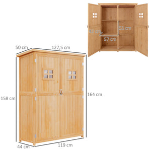 Abri de Jardin en bois Armoire de Jardin dim. 127,5L x 50l x 164H cm 2 étagères 2 Portes 2 fenêtres Toit bitumé étanche Bois Massif Sapin pré-huilé bois naturel