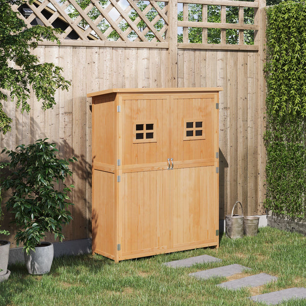 Abri de Jardin en bois Armoire de Jardin dim. 127,5L x 50l x 164H cm 2 étagères 2 Portes 2 fenêtres Toit bitumé étanche Bois Massif Sapin pré-huilé bois naturel