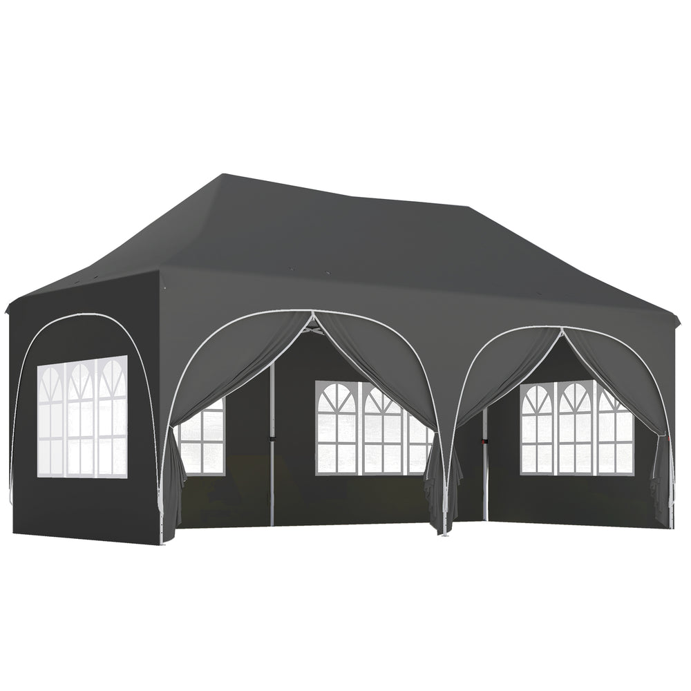 Tonnelle pliante 3x6m imperméable anti-UV, barnum avec 6 parois & 6 sacs de sable - tente de réception 12 trous de drainage - pavillon pop-up, 4 fenêtres église pour mariage, marché - gris