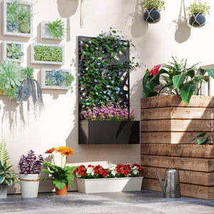 Jardinière avec treillis, brise-vue paravent, jardinière extérieure métal sur pieds ou murale, motifs de lignes, bac à fleurs rectangulaire balcon terrasse patio, 61x23x113 cm, noir