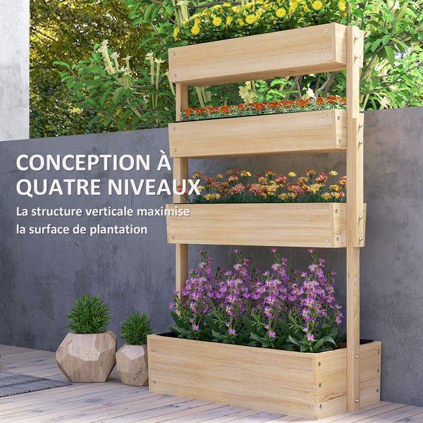 Jardinière surélevée en bois avec 4 étages, escalier de fleurs avec doublure, trous de drainage, pour terrasse, balcon et jardin, bois naturel