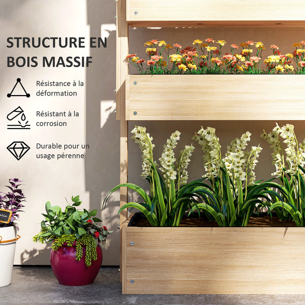 Jardinière surélevée en bois avec 4 étages, escalier de fleurs avec doublure, trous de drainage, pour terrasse, balcon et jardin, bois naturel