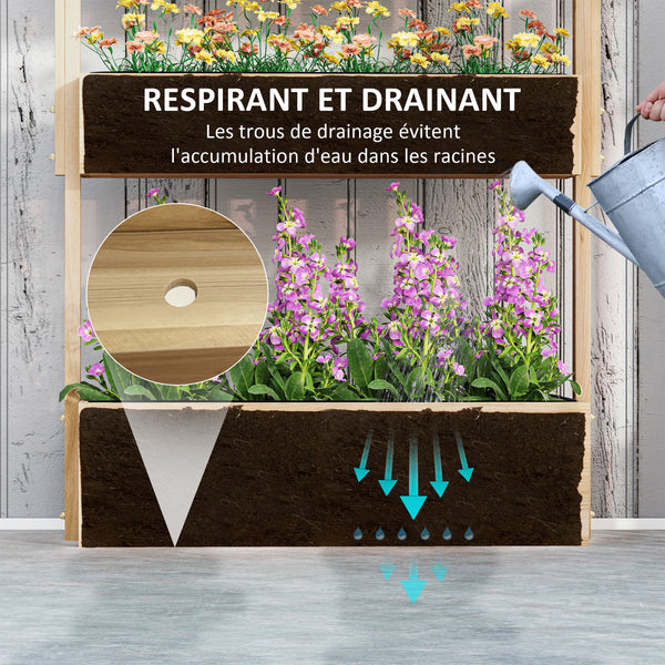Jardinière surélevée en bois avec 4 étages, escalier de fleurs avec doublure, trous de drainage, pour terrasse, balcon et jardin, bois naturel
