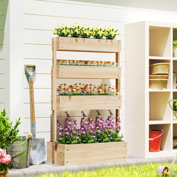 Jardinière surélevée en bois avec 4 étages, escalier de fleurs avec doublure, trous de drainage, pour terrasse, balcon et jardin, bois naturel