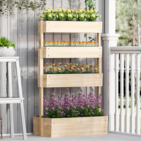 Jardinière surélevée en bois avec 4 étages, escalier de fleurs avec doublure, trous de drainage, pour terrasse, balcon et jardin, bois naturel