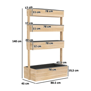 Jardinière surélevée en bois avec 4 étages, escalier de fleurs avec doublure, trous de drainage, pour terrasse, balcon et jardin, bois naturel