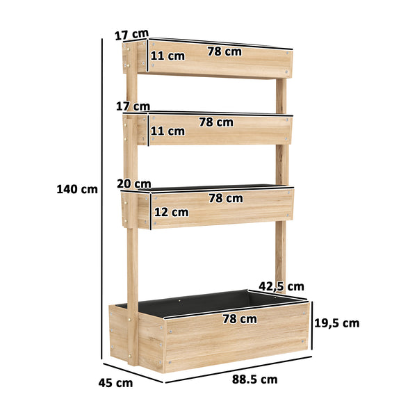 Jardinière surélevée en bois avec 4 étages, escalier de fleurs avec doublure, trous de drainage, pour terrasse, balcon et jardin, bois naturel