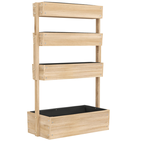 Jardinière surélevée en bois avec 4 étages, escalier de fleurs avec doublure, trous de drainage, pour terrasse, balcon et jardin, bois naturel