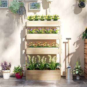 Jardinière surélevée en bois avec 4 étages, escalier de fleurs avec doublure, trous de drainage, pour terrasse, balcon et jardin, bois naturel