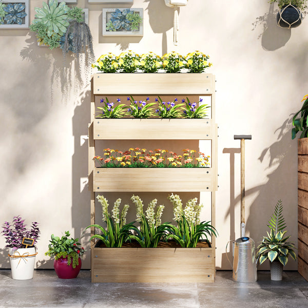Jardinière surélevée en bois avec 4 étages, escalier de fleurs avec doublure, trous de drainage, pour terrasse, balcon et jardin, bois naturel