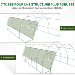 Serre de jardin 18 m² dim. 6L x 3l x 2H m avec porte + parois latérales zippées enroulables, 12 fenêtres, acier PE haute densité 140 g/m² Anti-UV blanc