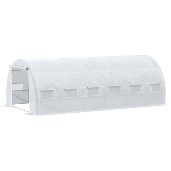 Serre de jardin 18 m² dim. 6L x 3l x 2H m avec porte + parois latérales zippées enroulables, 12 fenêtres, acier PE haute densité 140 g/m² Anti-UV blanc