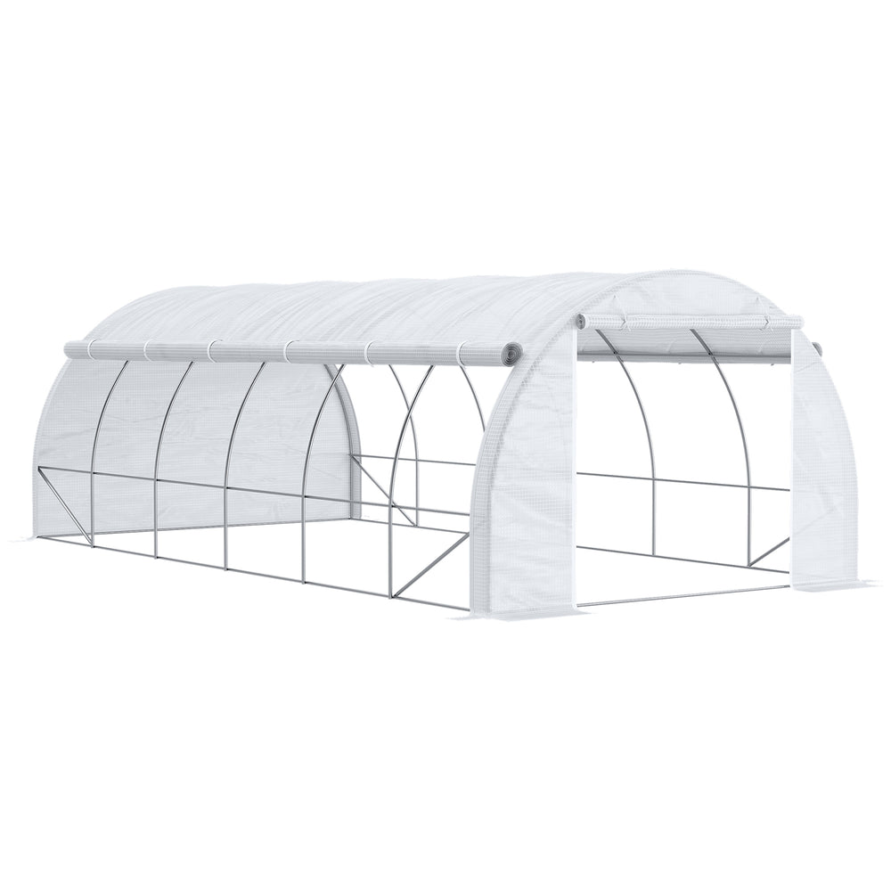 Serre de jardin 18 m² dim. 6L x 3l x 2H m avec porte + parois latérales zippées enroulables, 12 fenêtres, acier PE haute densité 140 g/m² Anti-UV blanc