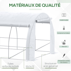 Serre de jardin 18 m² dim. 6L x 3l x 2H m avec porte + parois latérales zippées enroulables, 12 fenêtres, acier PE haute densité 140 g/m² Anti-UV blanc