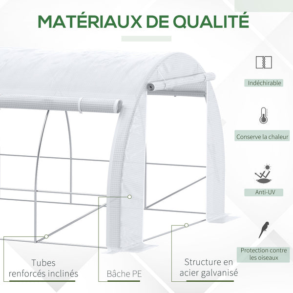 Serre de jardin 18 m² dim. 6L x 3l x 2H m avec porte + parois latérales zippées enroulables, 12 fenêtres, acier PE haute densité 140 g/m² Anti-UV blanc