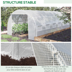 Serre de jardin 18 m² dim. 6L x 3l x 2H m avec porte + parois latérales zippées enroulables, 12 fenêtres, acier PE haute densité 140 g/m² Anti-UV blanc