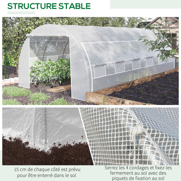 Serre de jardin 18 m² dim. 6L x 3l x 2H m avec porte + parois latérales zippées enroulables, 12 fenêtres, acier PE haute densité 140 g/m² Anti-UV blanc