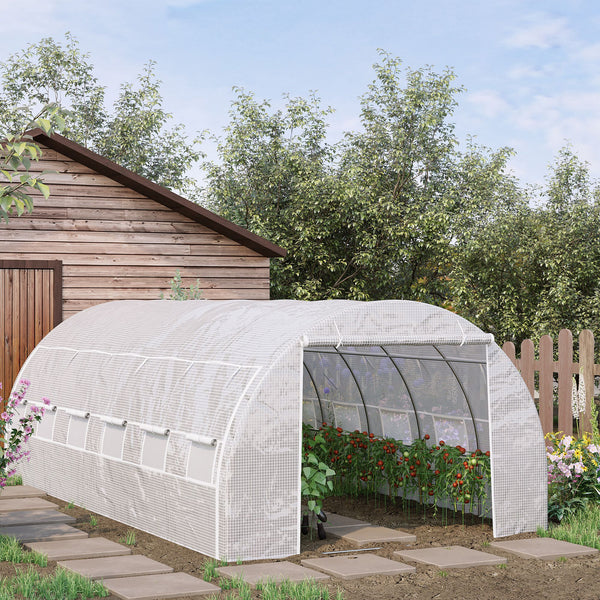 Serre de jardin 18 m² dim. 6L x 3l x 2H m avec porte + parois latérales zippées enroulables, 12 fenêtres, acier PE haute densité 140 g/m² Anti-UV blanc