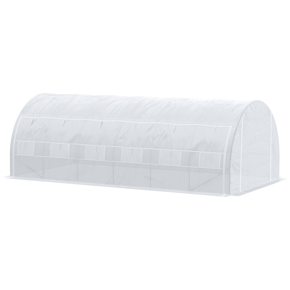 Serre de jardin 18 m² dim. 6L x 3l x 2H m avec porte + parois latérales zippées enroulables, 12 fenêtres, acier PE haute densité 140 g/m² Anti-UV blanc