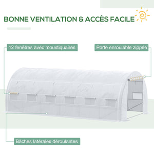 Serre de jardin 18 m² dim. 6L x 3l x 2H m avec porte + parois latérales zippées enroulables, 12 fenêtres, acier PE haute densité 140 g/m² Anti-UV blanc