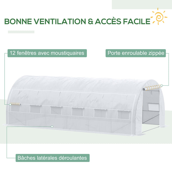 Serre de jardin 18 m² dim. 6L x 3l x 2H m avec porte + parois latérales zippées enroulables, 12 fenêtres, acier PE haute densité 140 g/m² Anti-UV blanc