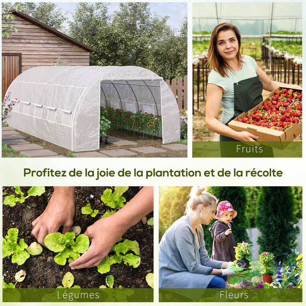Serre de jardin 18 m² dim. 6L x 3l x 2H m avec porte + parois latérales zippées enroulables, 12 fenêtres, acier PE haute densité 140 g/m² Anti-UV blanc
