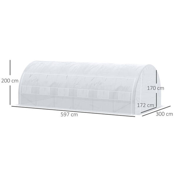 Serre de jardin 18 m² dim. 6L x 3l x 2H m avec porte + parois latérales zippées enroulables, 12 fenêtres, acier PE haute densité 140 g/m² Anti-UV blanc