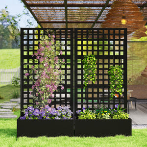 Jardinière avec treillis, brise-vue, lit surélevé de jardin, jardinière extérieure en acier galvanisée, pour plantes grimpantes, bac à fleurs pour balcon terrasse patio, 89x40x178cm, noir
