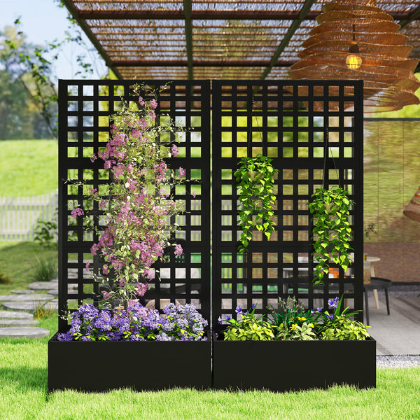 Jardinière avec treillis, brise-vue, lit surélevé de jardin, jardinière extérieure en acier galvanisée, pour plantes grimpantes, bac à fleurs pour balcon terrasse patio, 89x40x178cm, noir
