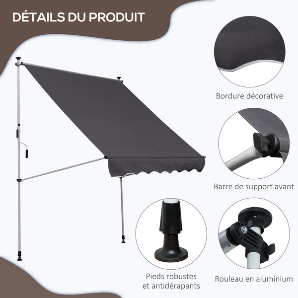 Store banne manuel rétractable 2L x 1,5l x 1,7-2,8H m inclinaison réglable installation rapide store banne sans perçage pour balcon métal aluminium polyester gris