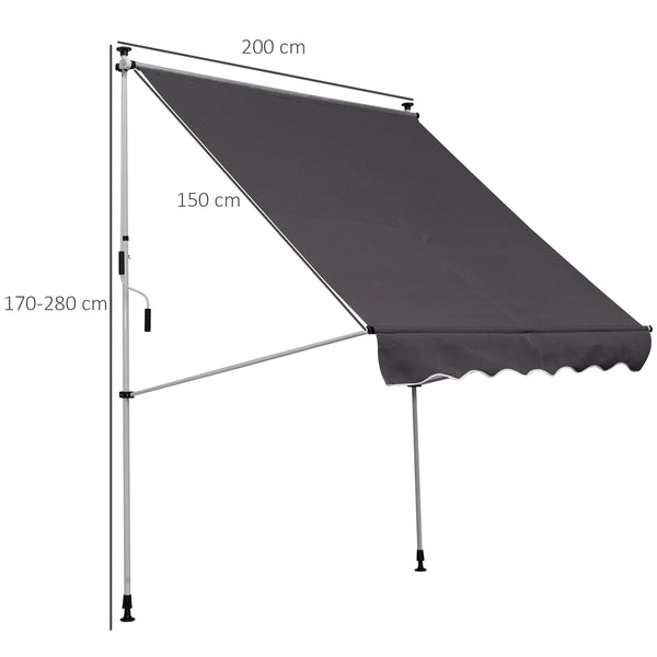 Store banne manuel rétractable 2L x 1,5l x 1,7-2,8H m inclinaison réglable installation rapide store banne sans perçage pour balcon métal aluminium polyester gris