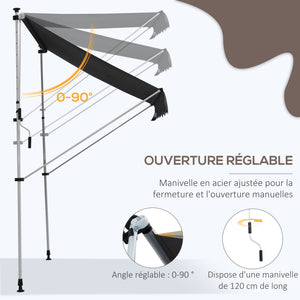 Store banne manuel rétractable 2L x 1,5l x 1,7-2,8H m inclinaison réglable installation rapide store banne sans perçage pour balcon métal aluminium polyester gris