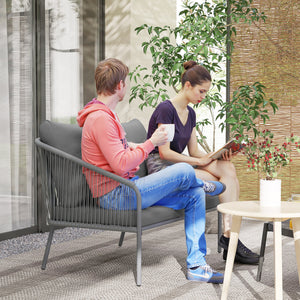 Canapé de jardin 2 places en résine tressée avec coussins, canapé d'extérieur avec accoudoirs, cadre en acier pour balcon, gris