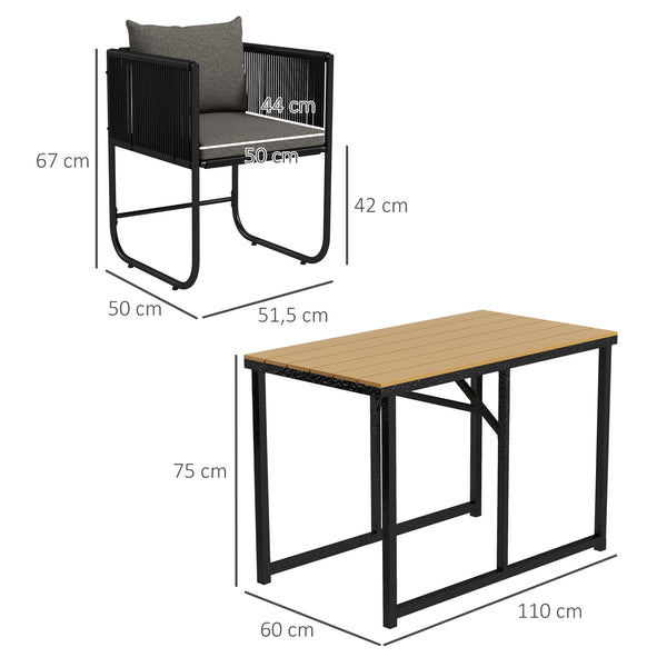 Salon de jardin ensemble 3 pièces extérieur avec 1 table et 2 fauteuils 4 coussins table en composite plateau aspect bois noir
