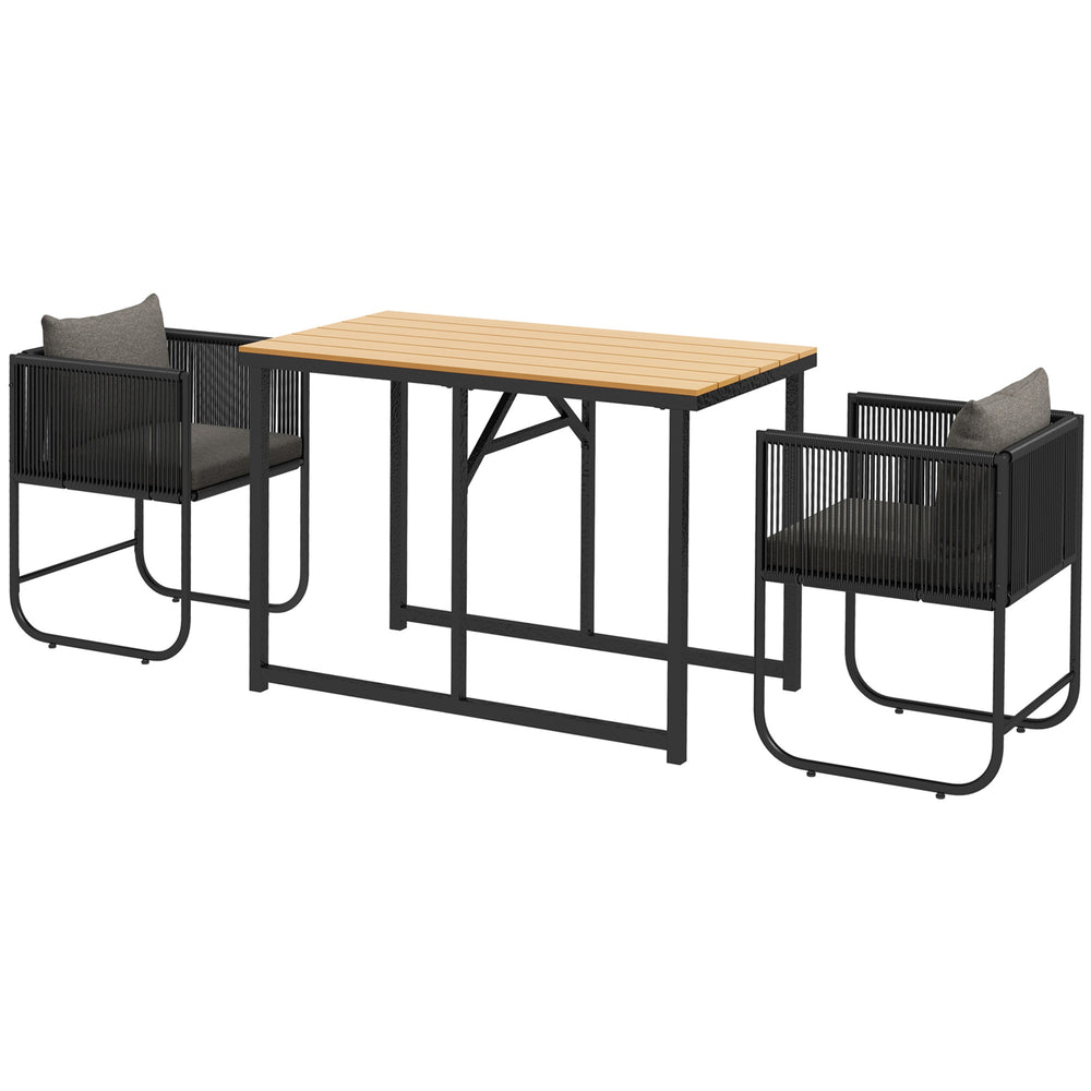 Salon de jardin ensemble 3 pièces extérieur avec 1 table et 2 fauteuils 4 coussins table en composite plateau aspect bois noir