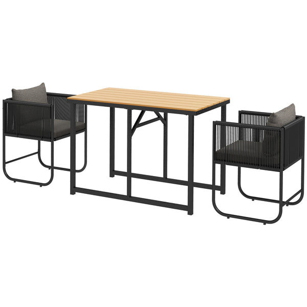 Salon de jardin ensemble 3 pièces extérieur avec 1 table et 2 fauteuils 4 coussins table en composite plateau aspect bois noir
