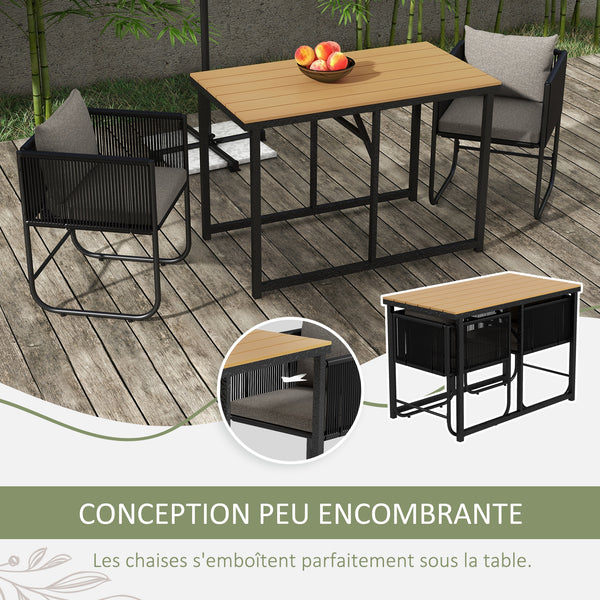 Salon de jardin ensemble 3 pièces extérieur avec 1 table et 2 fauteuils 4 coussins table en composite plateau aspect bois noir