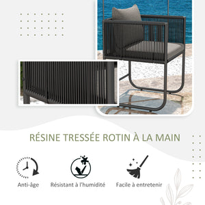 Salon de jardin ensemble 3 pièces extérieur avec 1 table et 2 fauteuils 4 coussins table en composite plateau aspect bois noir