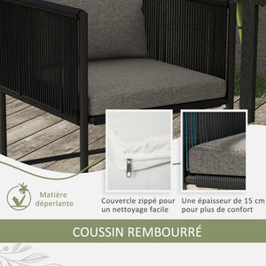 Salon de jardin ensemble 3 pièces extérieur avec 1 table et 2 fauteuils 4 coussins table en composite plateau aspect bois noir